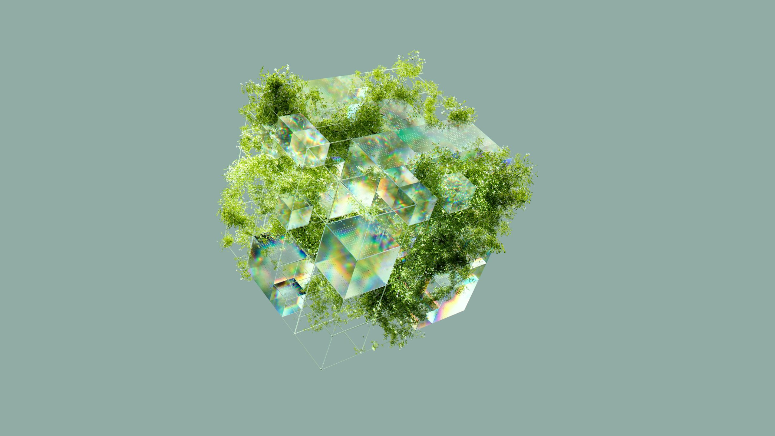 A digital abstract cube interwoven with lush greenery, symbolizing sustainability and technology.