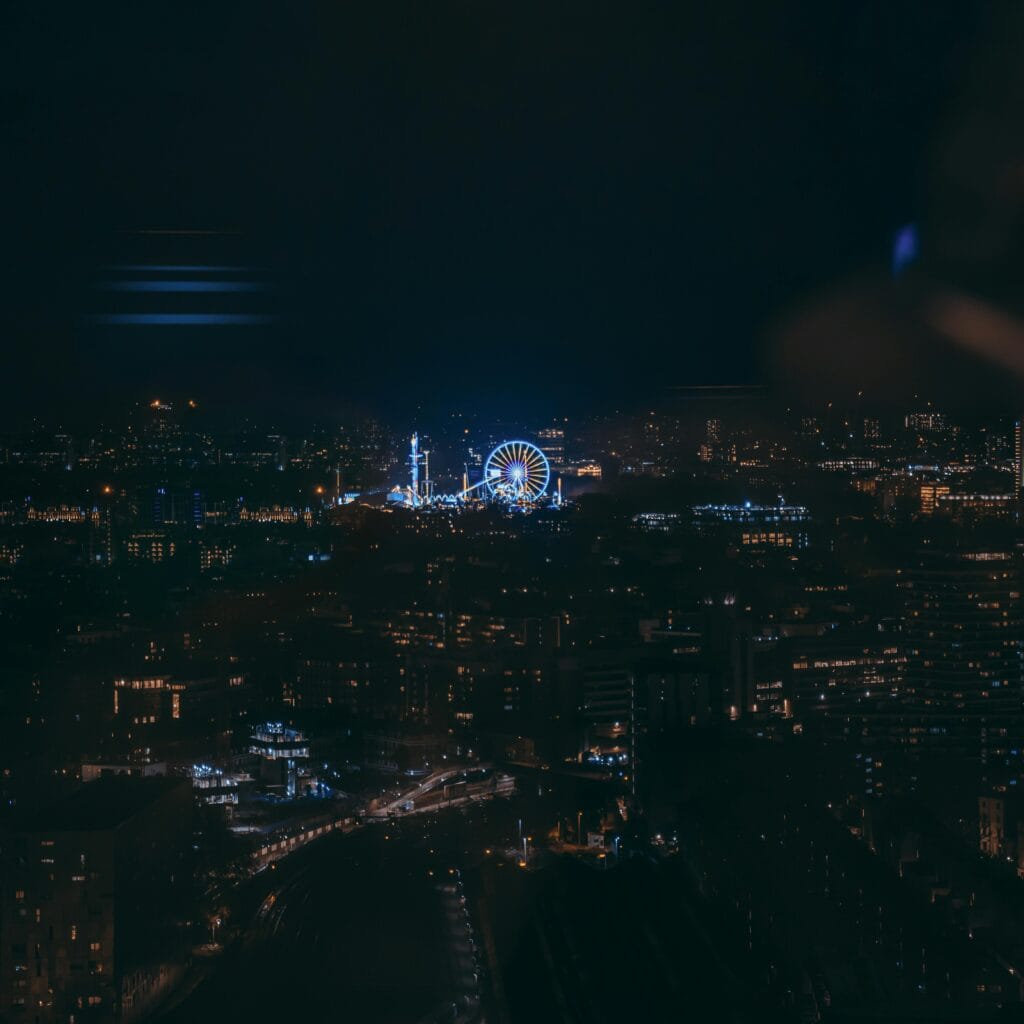 Capture of London's vibrant city lights and ferris wheel at night.