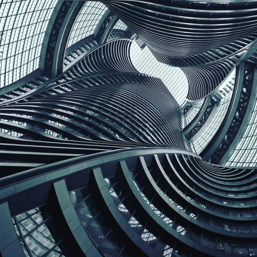 Intricate spiral architecture in Beijing with modern design elements.